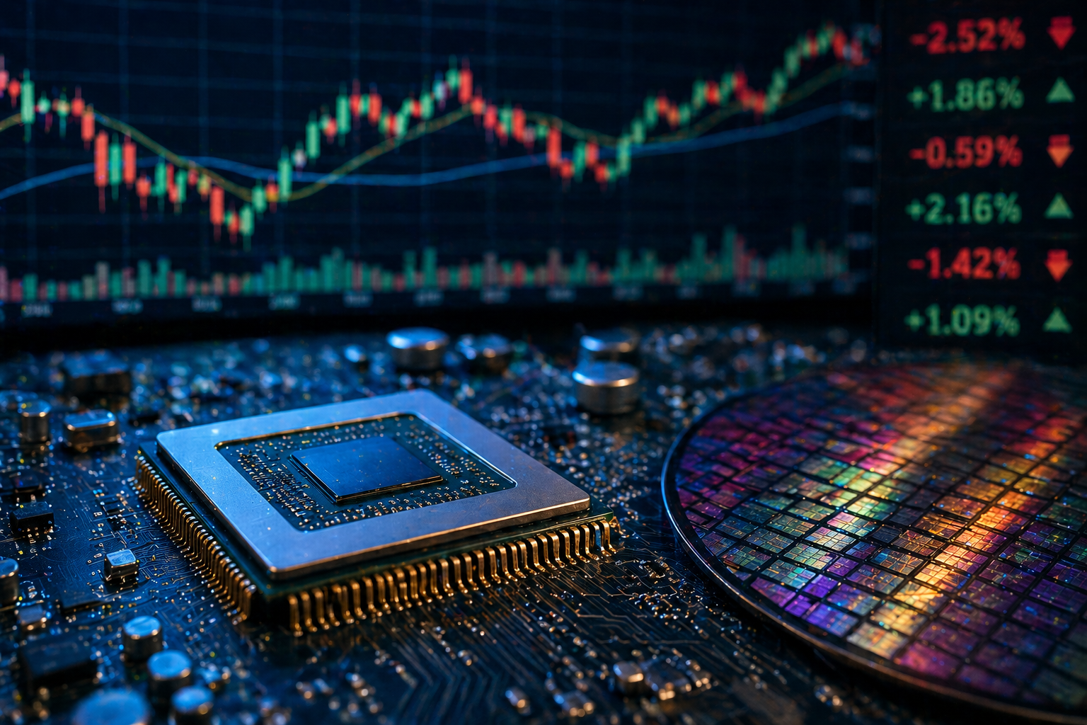 Microchip and silicon wafer with market charts in the background.