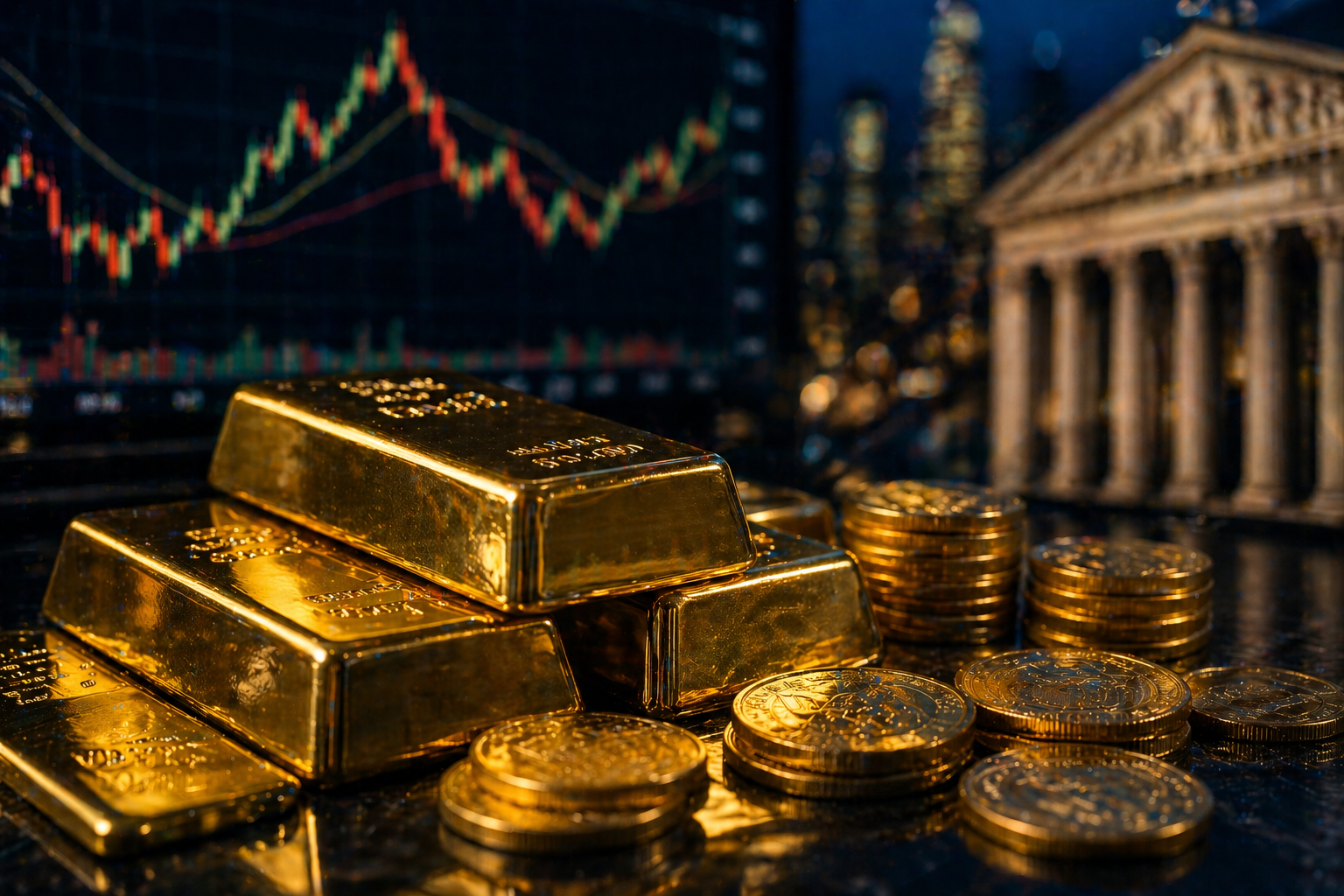 Gold bars and coins in front of financial charts and a bank building.