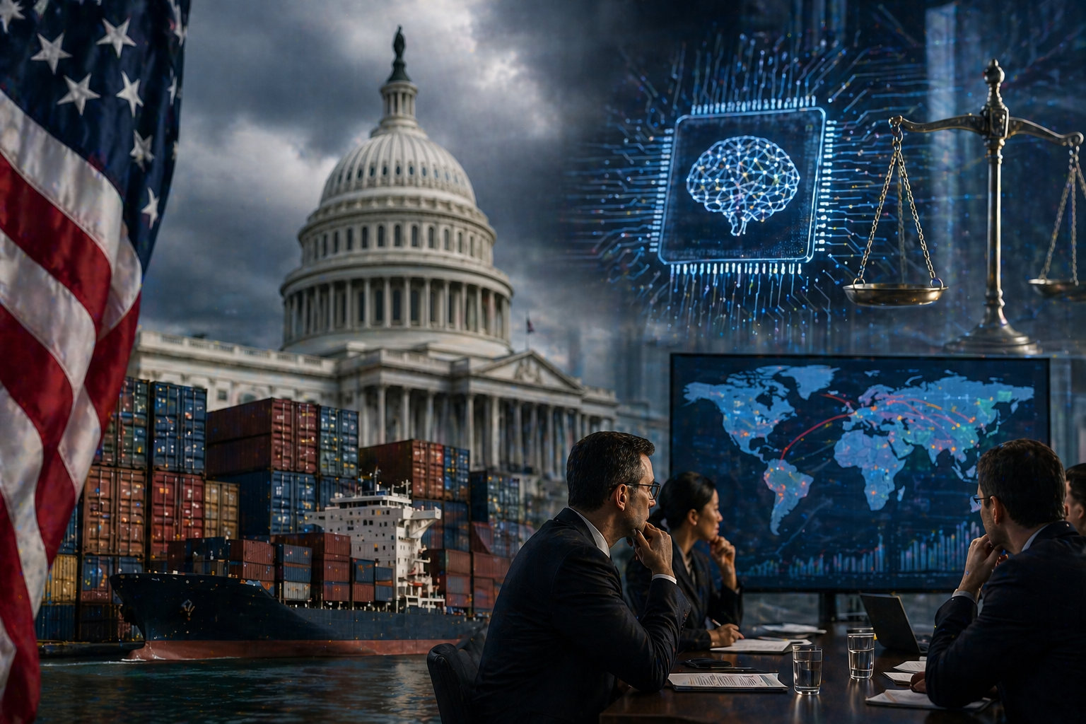 U.S. Capitol, shipping containers, AI chip imagery, and business executives in discussion.