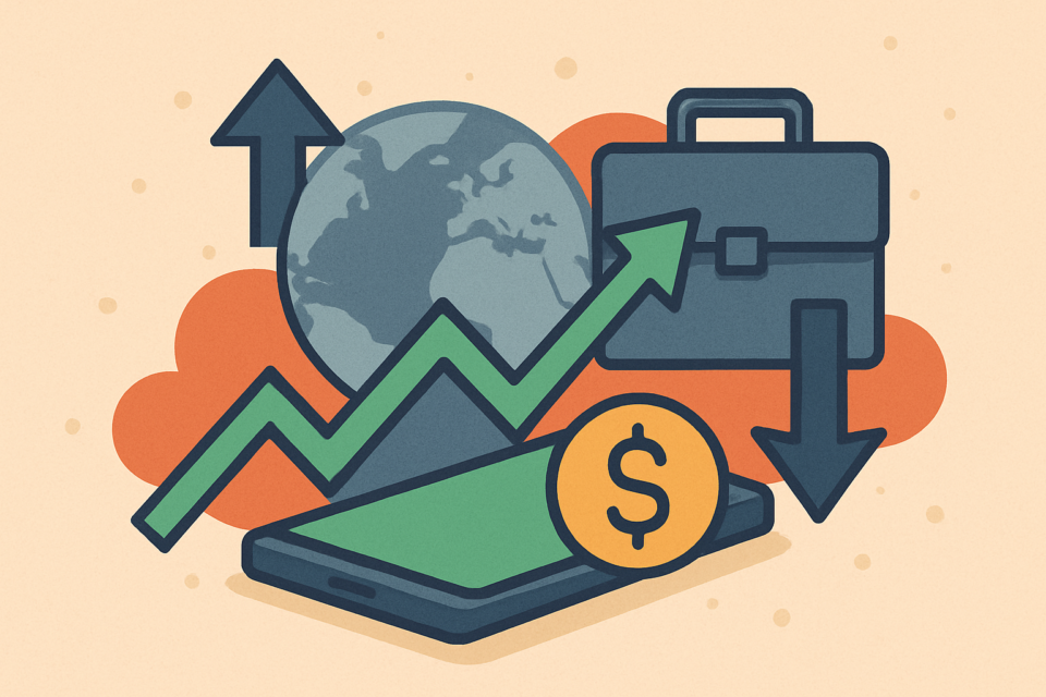 Illustration showing a globe, financial symbols, and stock market indicators representing global market stability during trade negotiations.