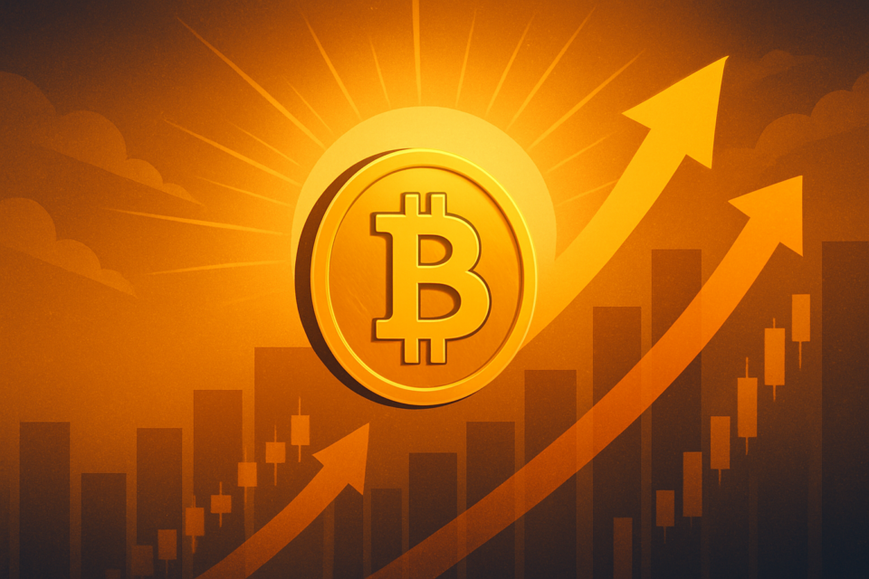 Golden Bitcoin symbol rising with upward arrows and financial chart patterns under a glowing sunrise, illustrating Bitcoin’s bullish momentum.