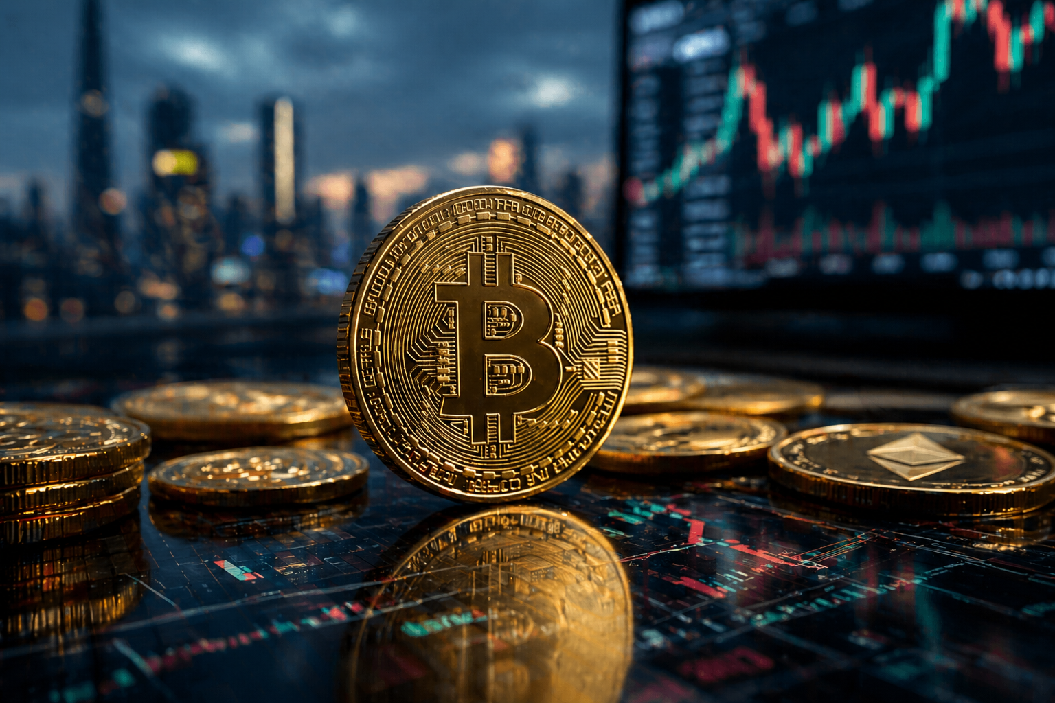 Bitcoin coin on a glossy trading surface with blurred market charts and city lights.