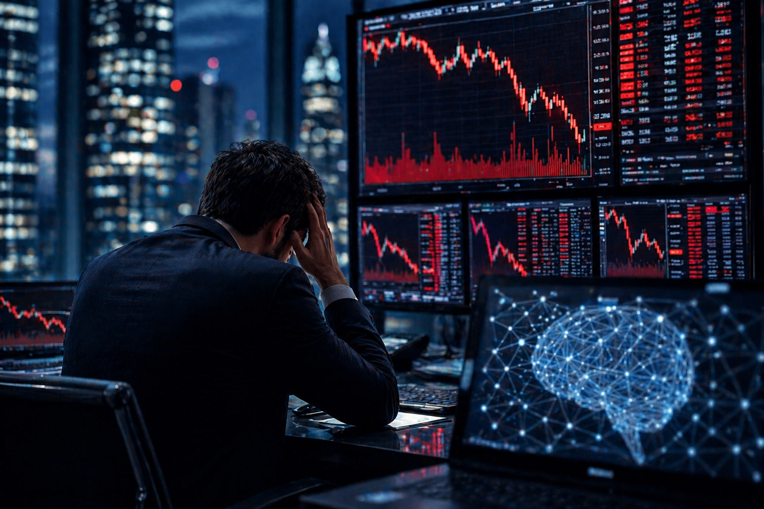 Trader watching falling stock charts beside a digital artificial intelligence graphic.