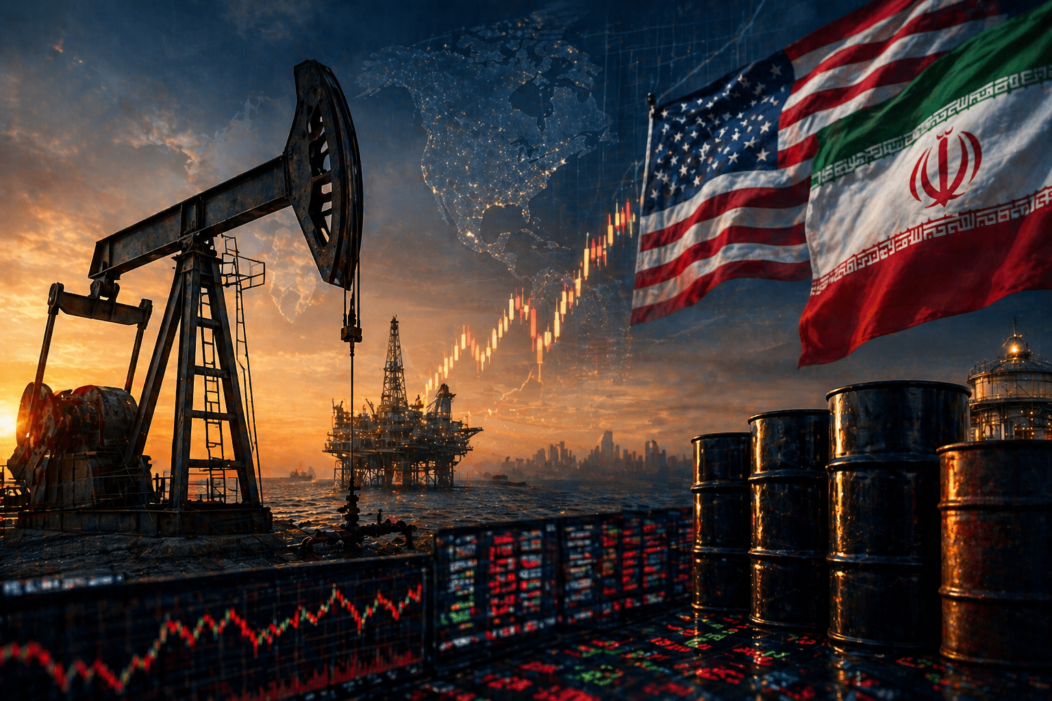 Oil pumpjack, offshore rig, barrels, market charts, and U.S. and Iranian flags.