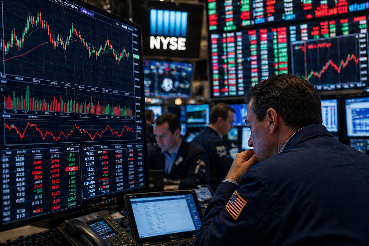 Trader watches market charts on screens at a busy stock exchange trading desk.