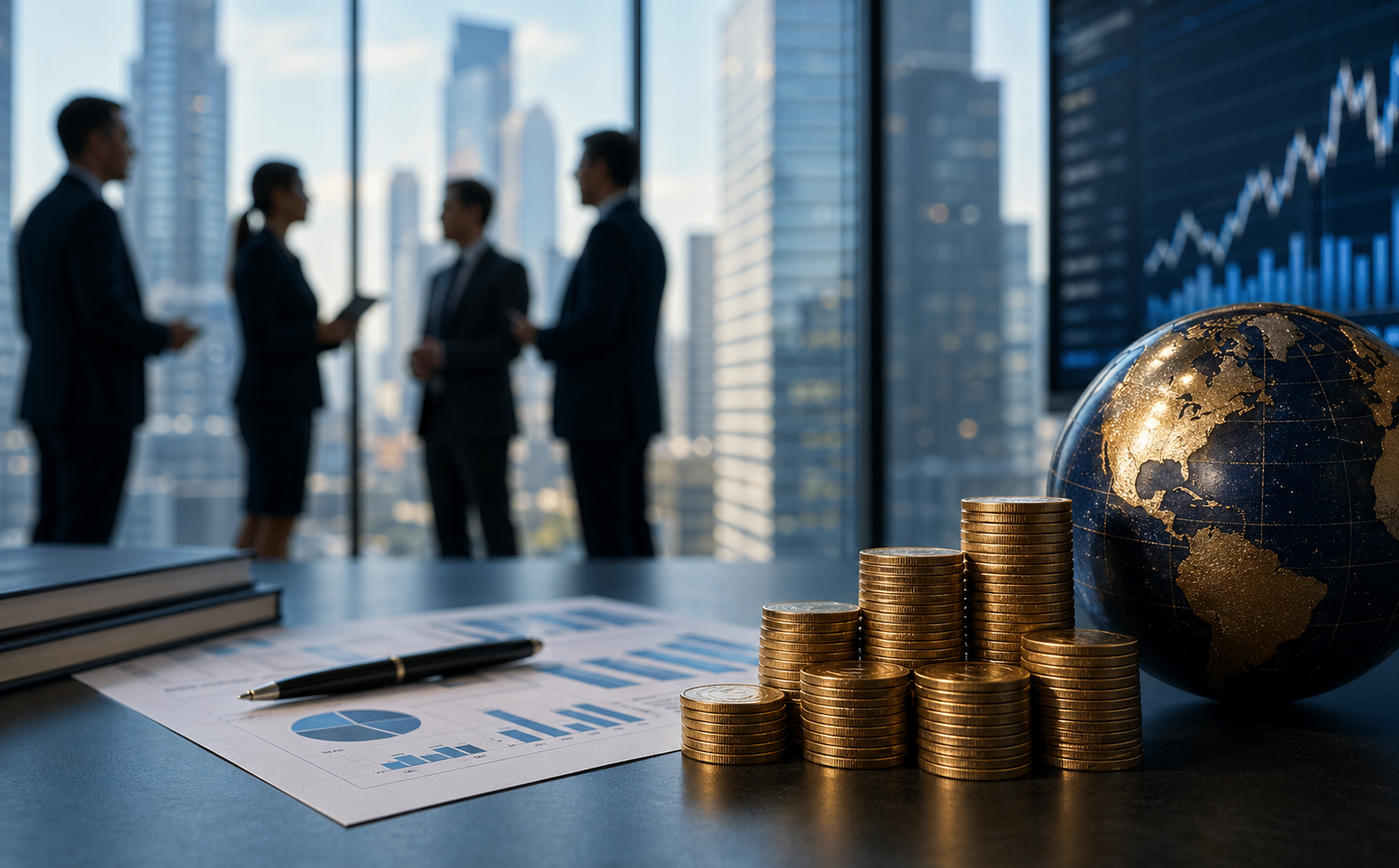 A professional financial office setting with stacks of coins, a globe, financial reports on a desk, and business executives discussing near large city-view windows, symbolizing private credit growth and institutional investment.