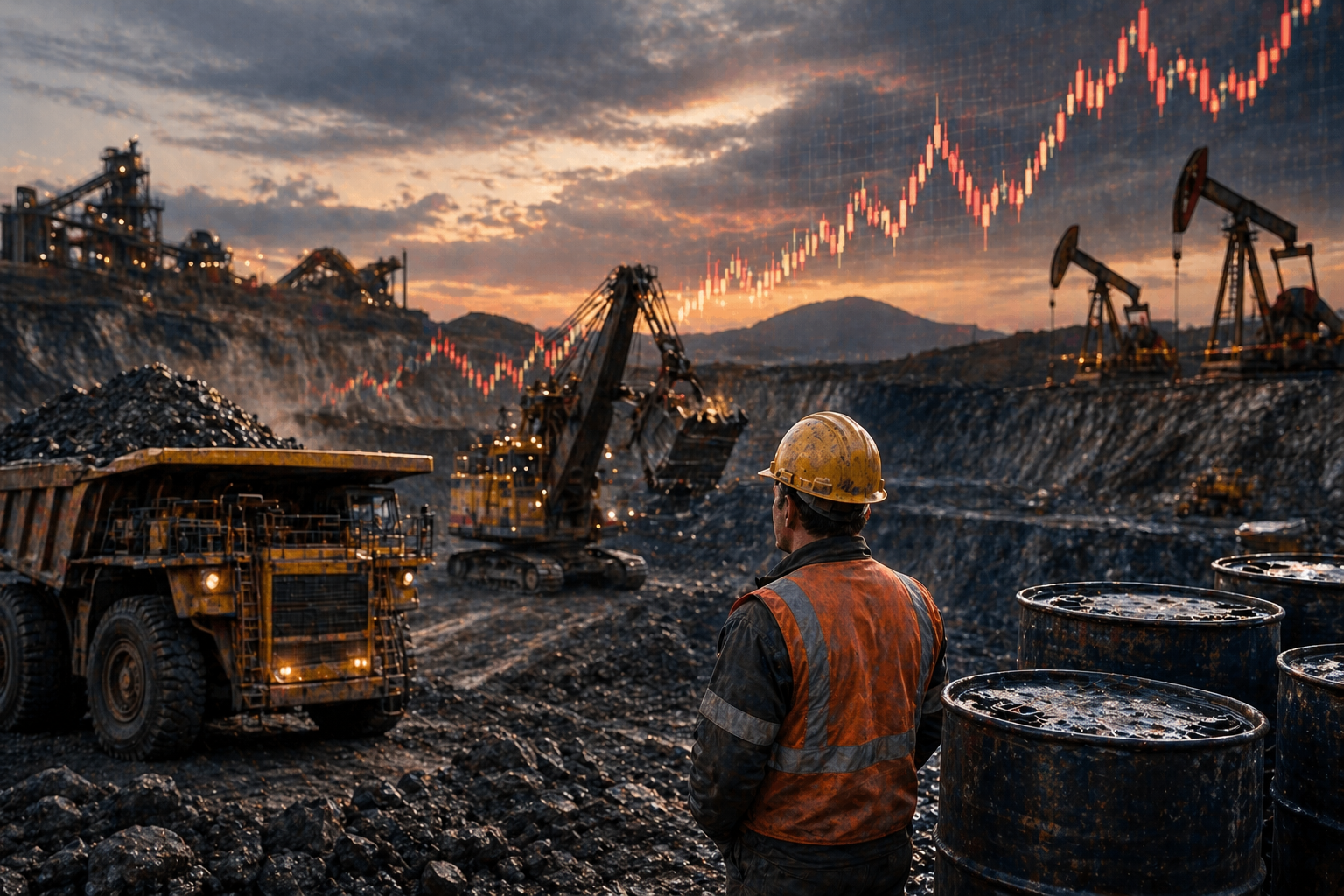 Mining worker overlooks an open-pit mine with heavy machinery, oil barrels, and rising market charts.