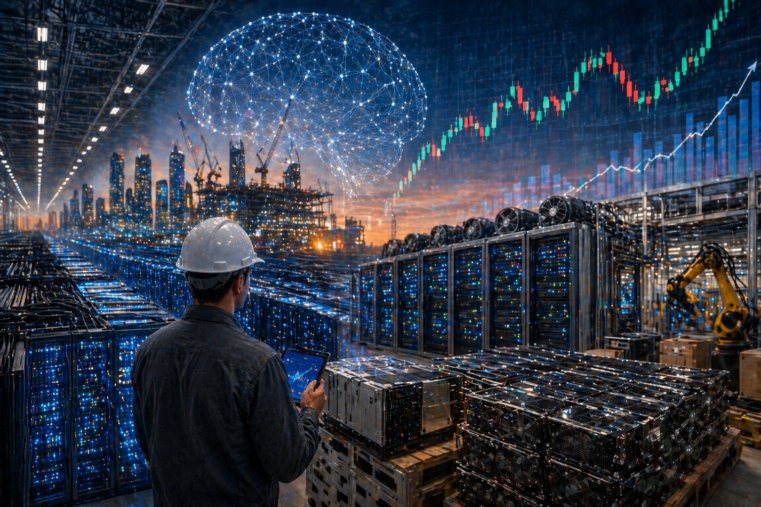 Technician monitors servers in a data center with AI and financial chart visuals.