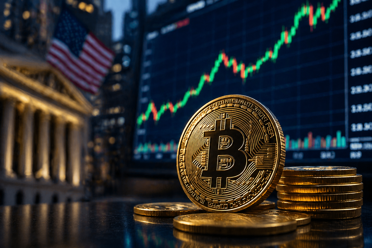 Bitcoin coin beside rising market charts and U.S. financial symbols.