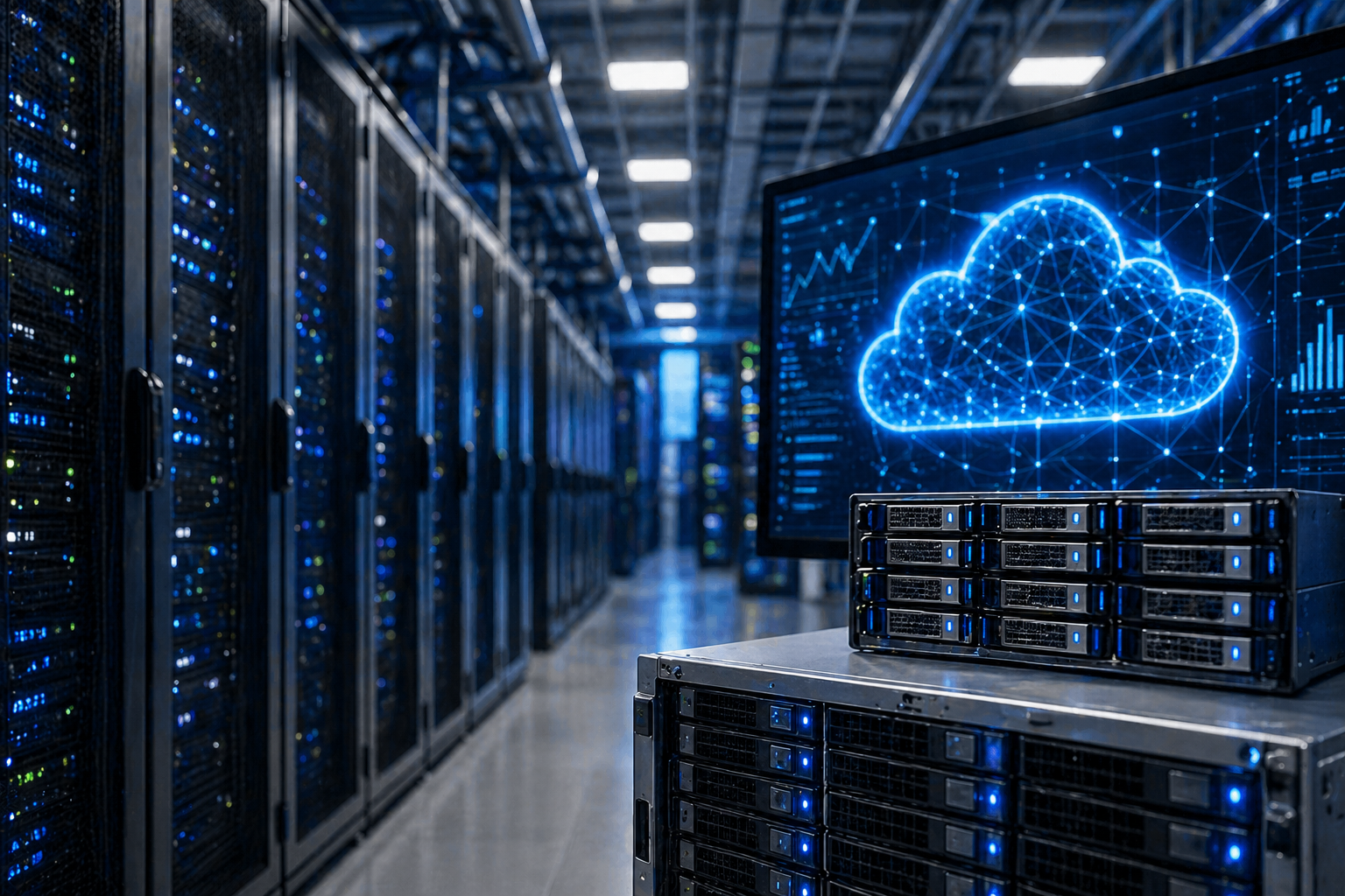 Data center servers with glowing cloud network visualization.