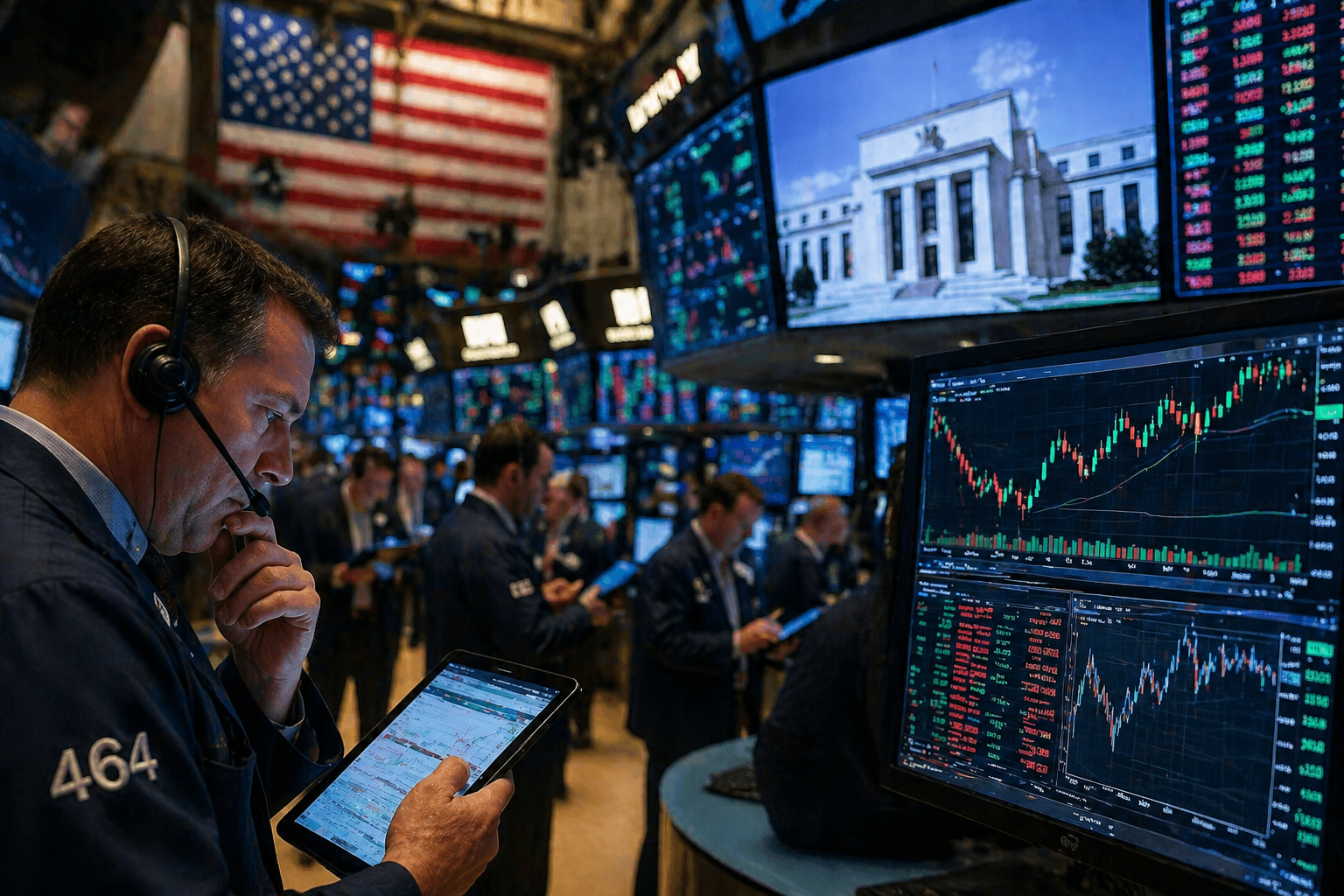Trader watching market screens showing mixed stock movements and Federal Reserve imagery.