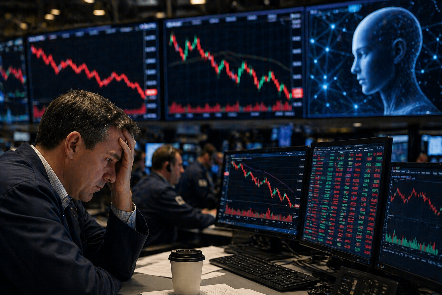 Stressed trader watching falling tech stock charts beside an AI graphic.