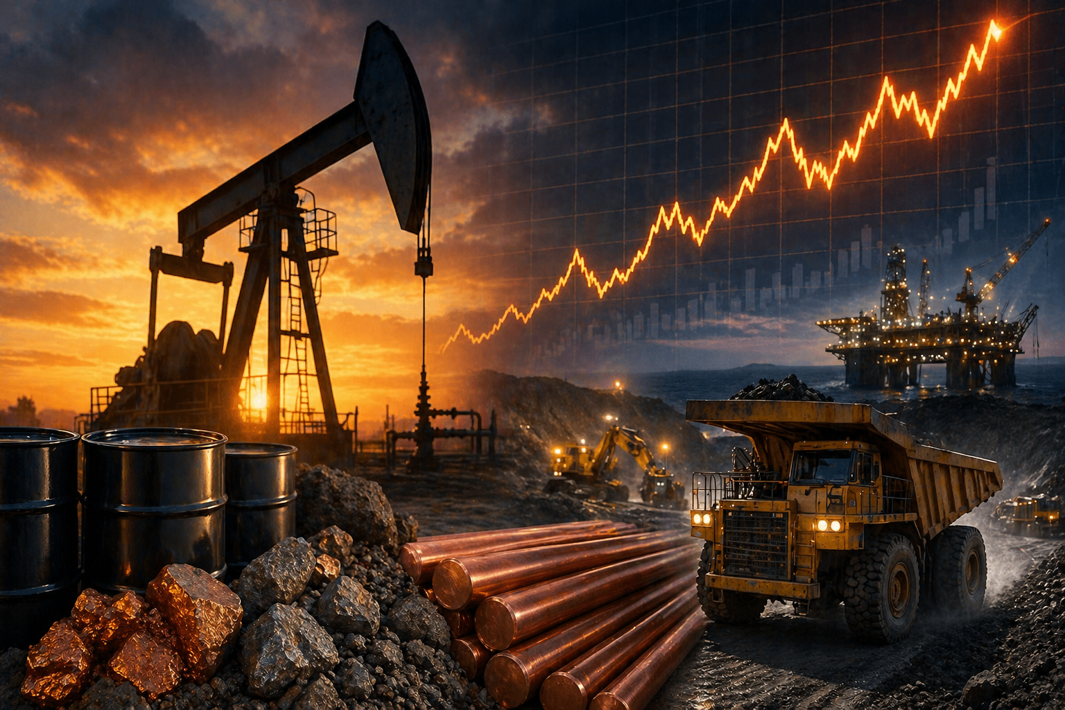 Oil pumpjack, mining truck, and rising commodity chart at sunset.