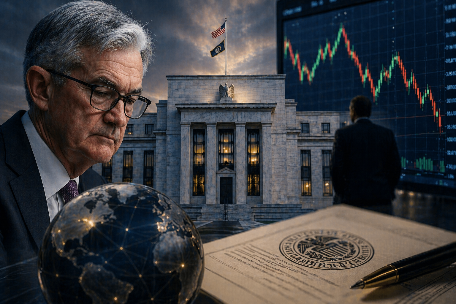 Federal Reserve building with market charts and central banking imagery.