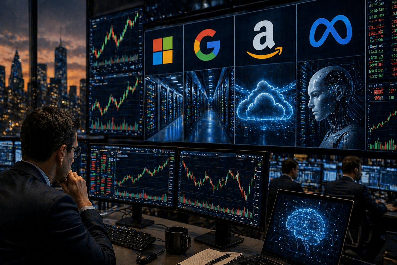 Trader monitoring AI, cloud, data center, and market charts in a technology trading room.