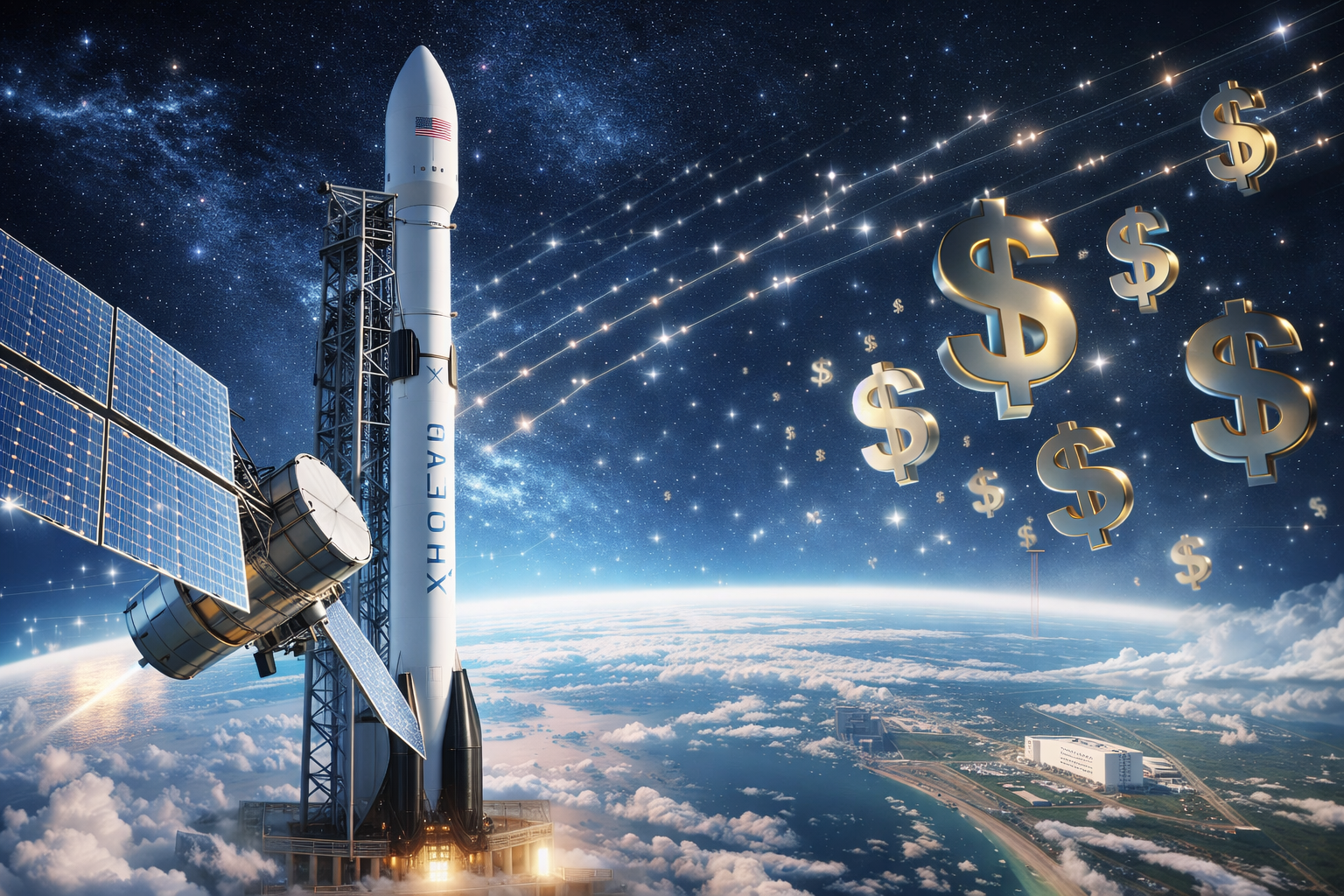 A photorealistic rocket on a launch pad beside a satellite in orbit above Earth, symbolizing a major aerospace company’s potential public listing and expanding space infrastructure business.