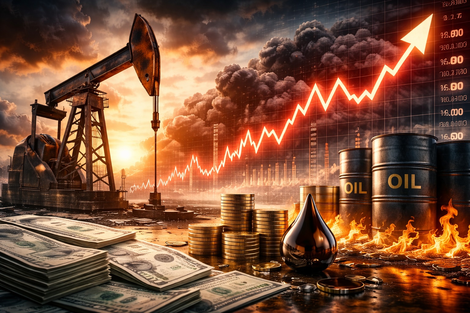 A dramatic energy-market scene with an oil pumpjack, barrels, stacked coins, cash, and a glowing upward market line against a fiery sky, symbolizing a sharp surge in oil prices and broader market volatility.