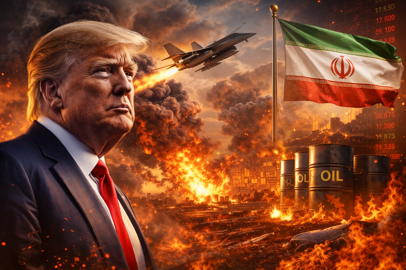 A dramatic photorealistic scene showing Donald Trump against a backdrop of explosions, a fighter jet, burning oil barrels, and a national flag, symbolizing escalating U.S.-Iran tensions and their effect on energy and financial markets.