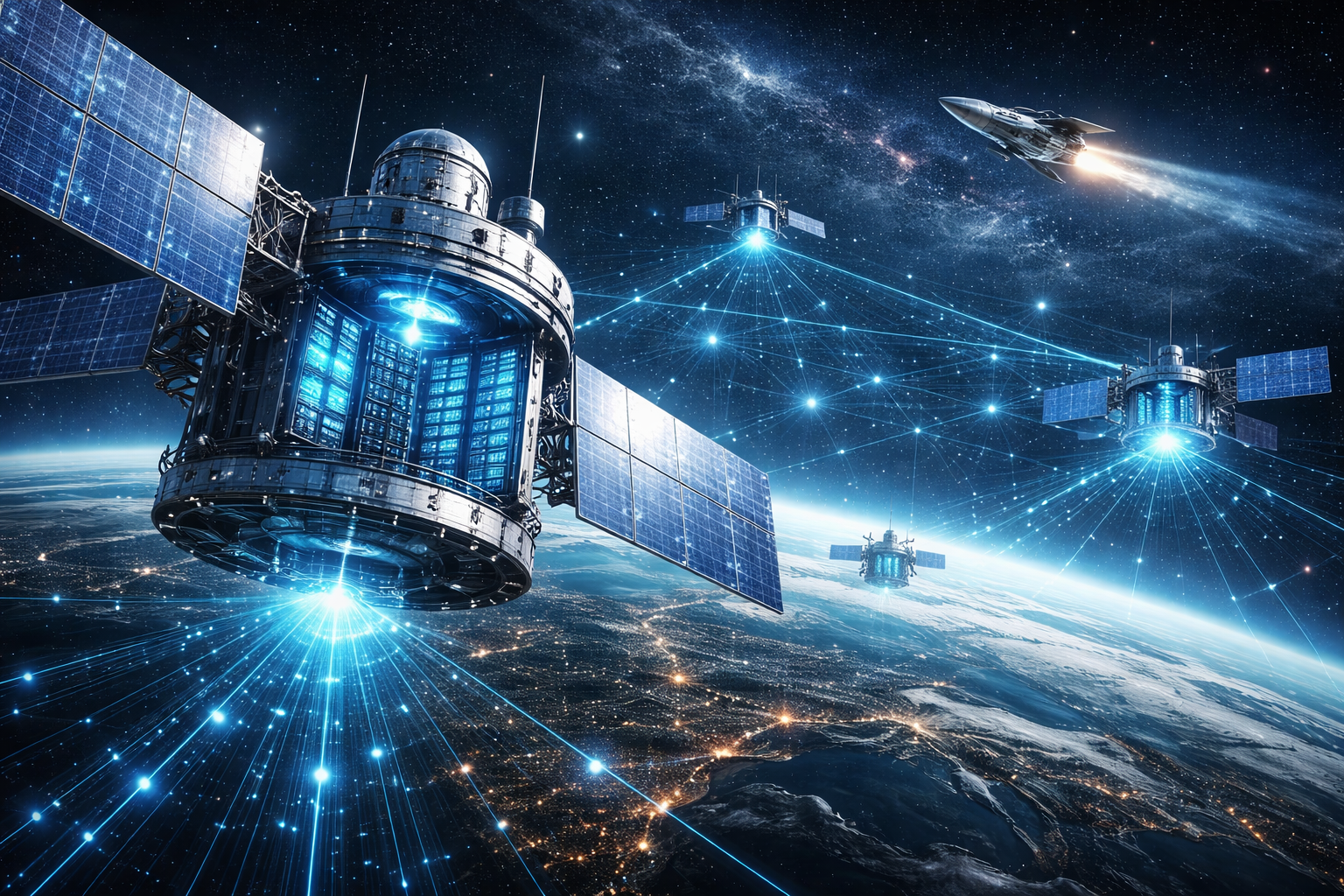 Photorealistic satellites equipped with glowing data-center modules orbit above Earth, linked by bright data streams, symbolizing space-based AI computing and satellite network expansion.