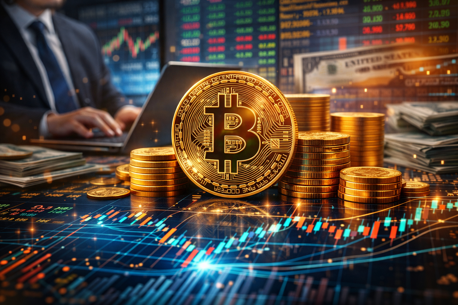 A large gold cryptocurrency coin surrounded by stacked coins, cash, and market-style charts, with an investor working in the background, symbolizing Bitcoin stability supported by institutional flows amid macroeconomic pressure.