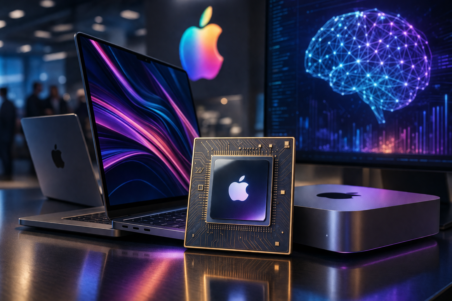 A photorealistic close-up of a next-generation computer chip in the foreground beside premium laptop and desktop hardware, with a glowing neural-network graphic in the background, symbolizing AI-accelerated computing.