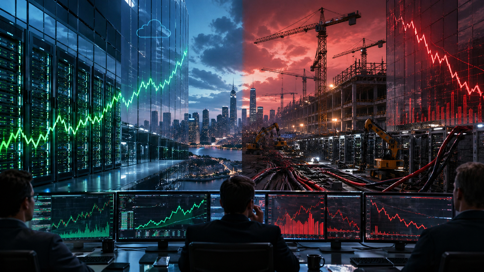 Traders watch green and red market charts as a split scene shows AI data centers on one side and costly infrastructure construction on the other.