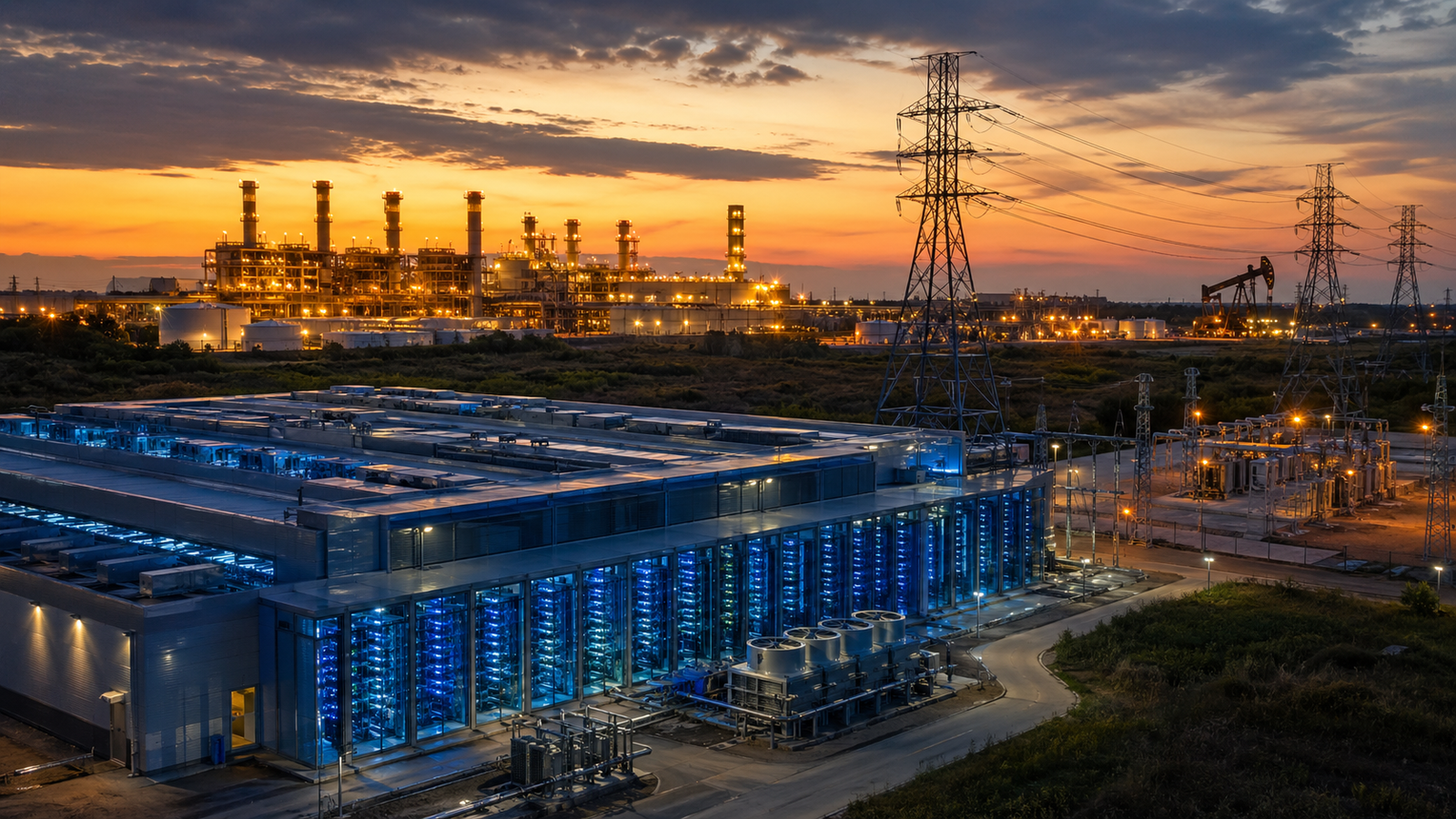 A large AI data center glows blue beside transmission towers, a power facility and oil infrastructure at sunset.