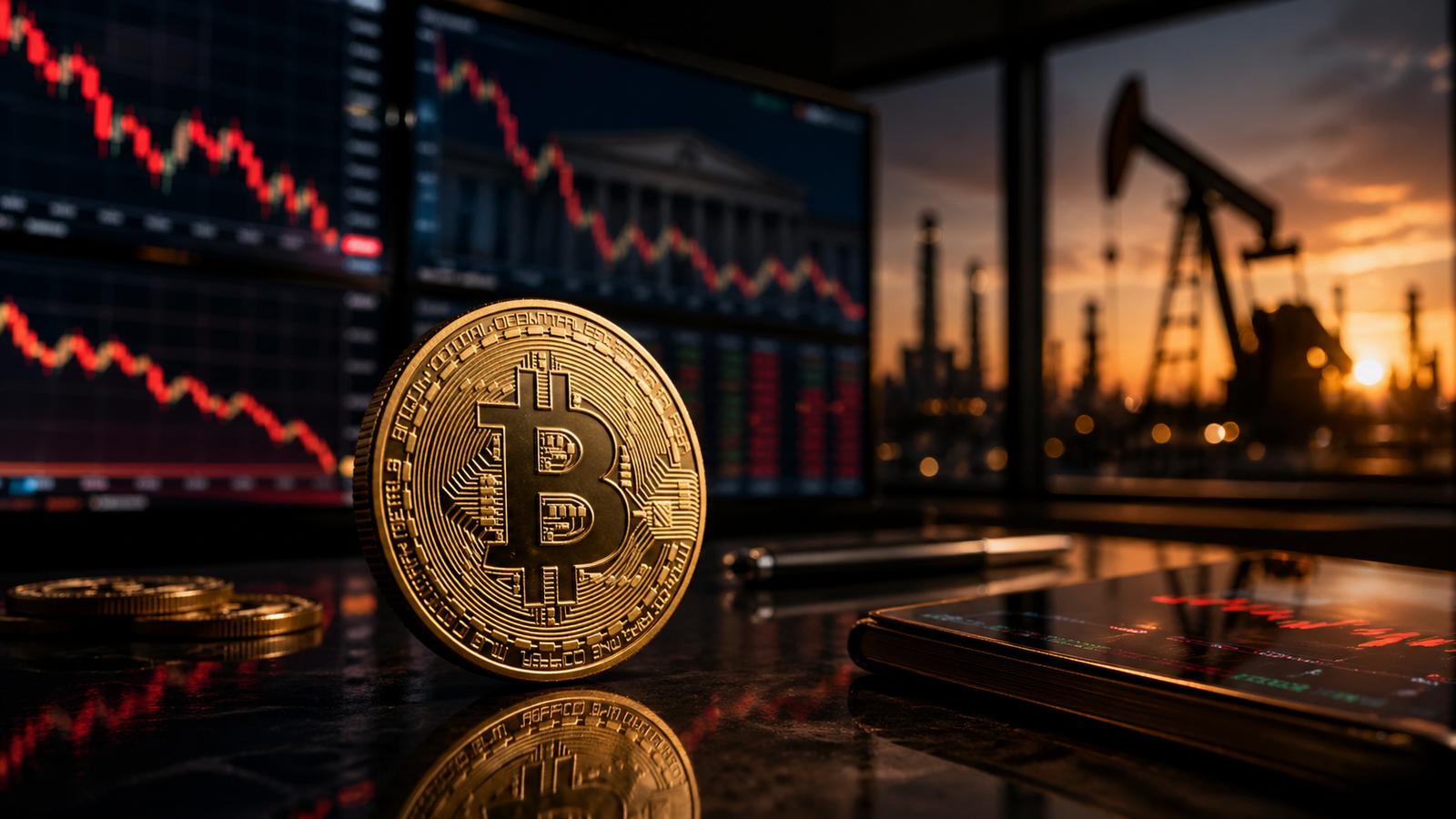 A gold Bitcoin coin sits on a reflective trading desk as red market charts fall on screens behind it and an oil pumpjack appears at sunset.