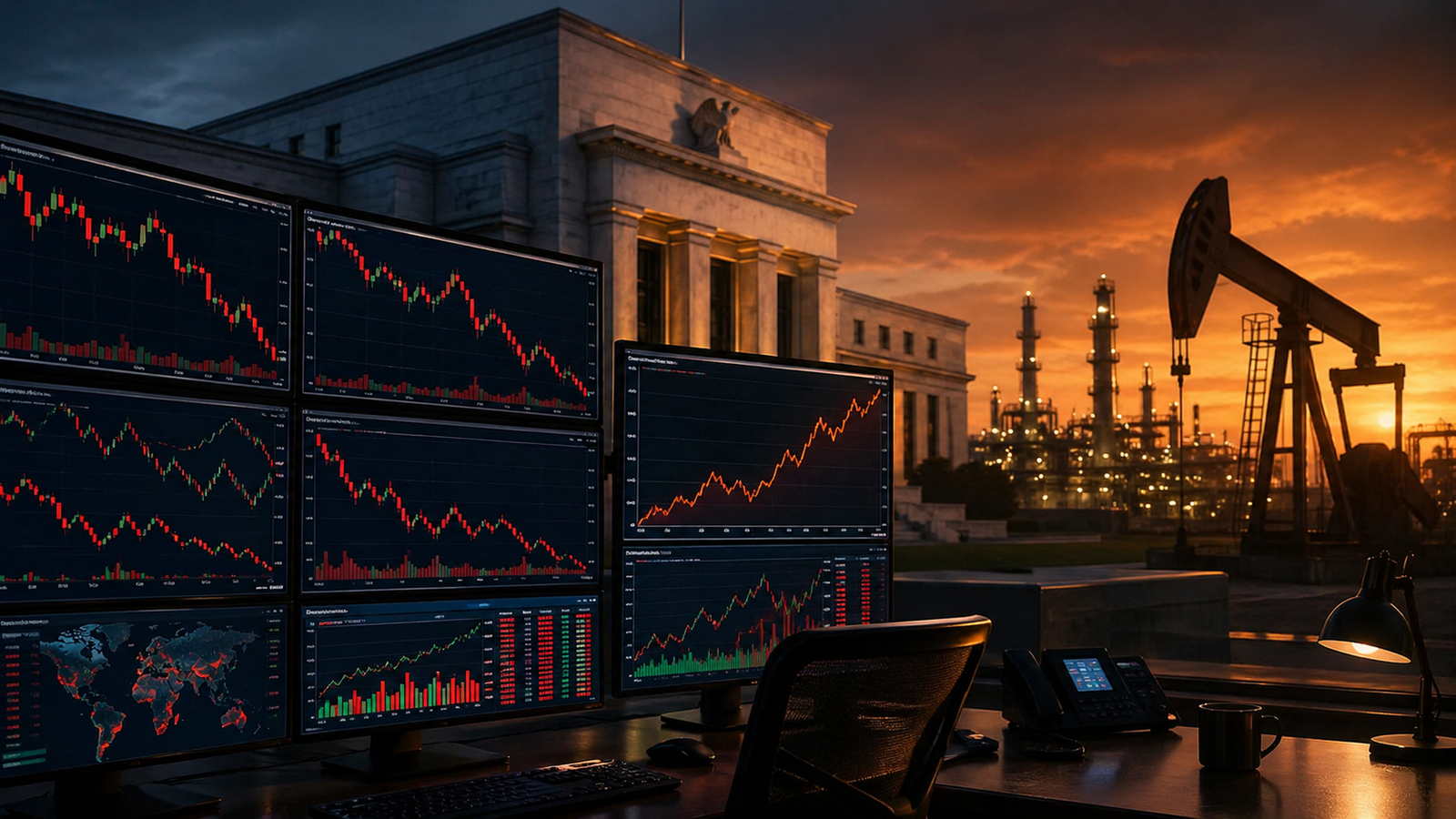 Trading monitors show volatile red and green market charts in front of a central-bank building, refinery and oil pumpjack at sunset.