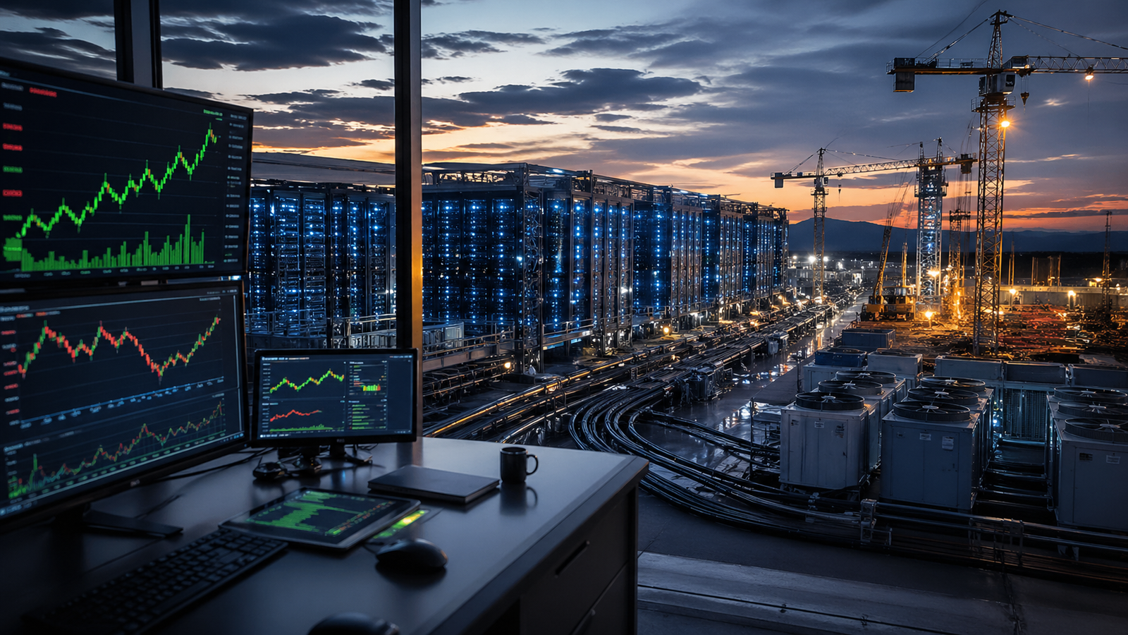 Trading screens show mixed market charts beside a blue-lit data center under expansion, with cranes, cooling units and power cables visible at dusk.