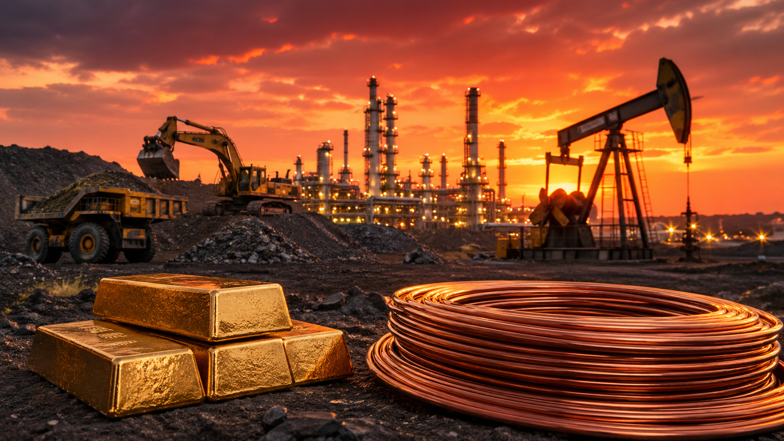 Gold bars and copper coils sit on rocky ground near mining equipment, an oil pumpjack and a glowing refinery at sunset.