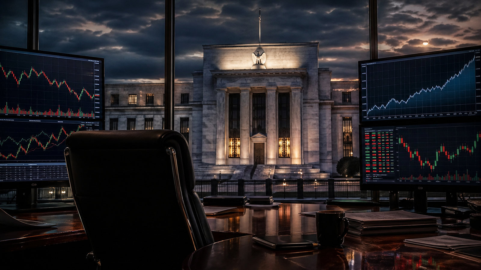 An empty executive chair faces market monitors and a central-bank-style building under stormy skies at dusk.