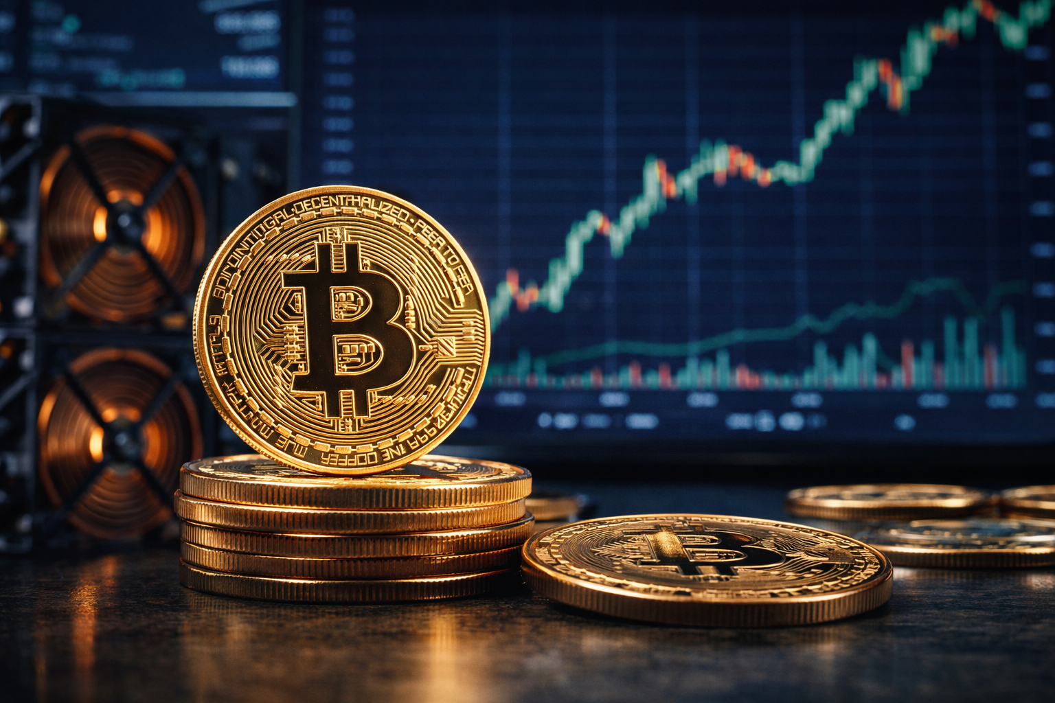 Photorealistic image of physical bitcoin tokens in the foreground with a rising market chart and crypto mining hardware blurred in the background.