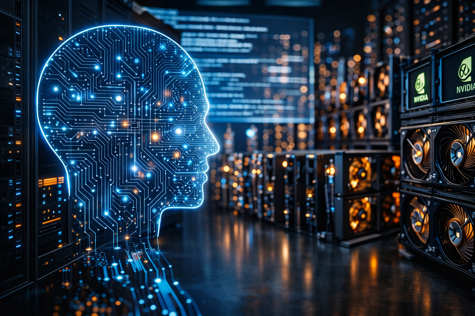 Photorealistic image of a glowing AI head made of circuitry inside a modern data center filled with servers and high-performance computing hardware.