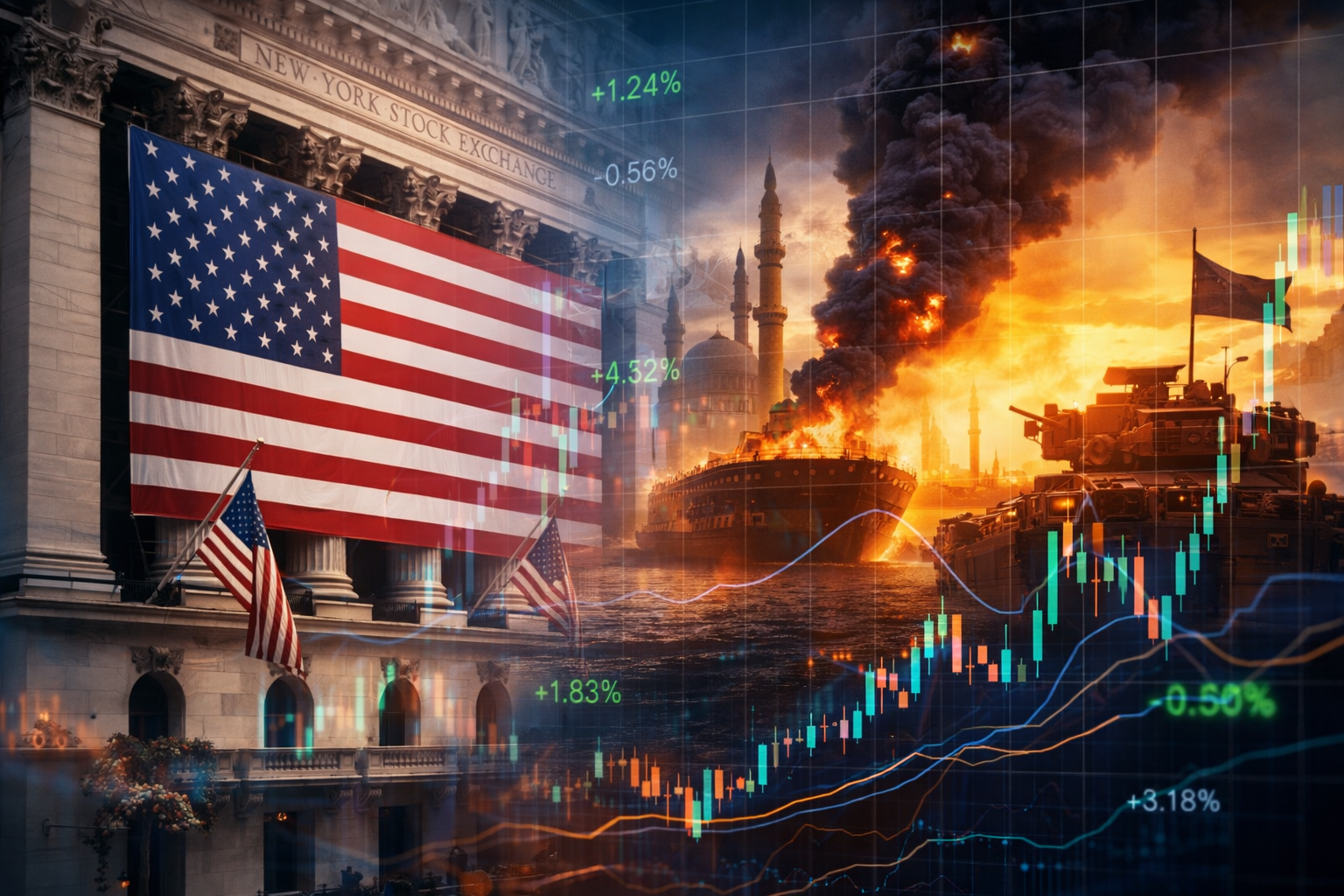 Photorealistic composite of Wall Street, market charts, oil shipping, and geopolitical conflict imagery representing stocks driven by global tensions rather than corporate fundamentals.