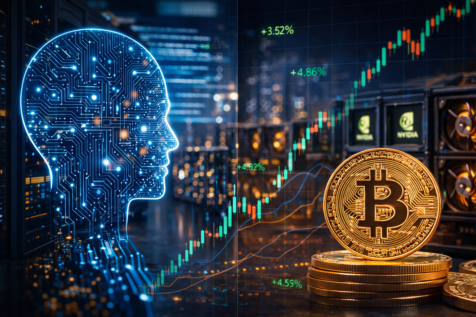 Photorealistic image combining AI circuitry, server hardware, bitcoin tokens, and rising market visuals to represent early-week gains in AI and crypto-linked stocks.