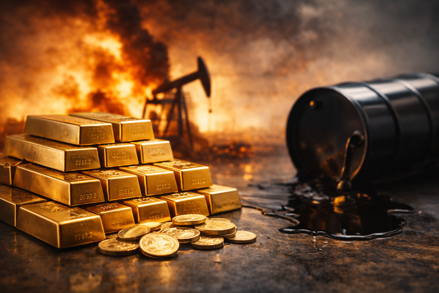 Photorealistic image of stacked gold bars and coins beside an oil barrel with spilled crude, set against a dramatic energy-industry backdrop.