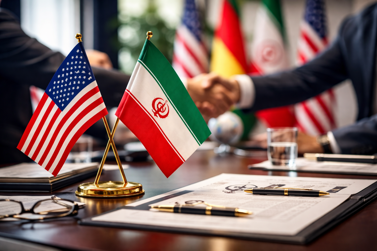 Photorealistic diplomatic scene showing U.S. and Iranian flags on a negotiation table with documents and a handshake blurred in the background.