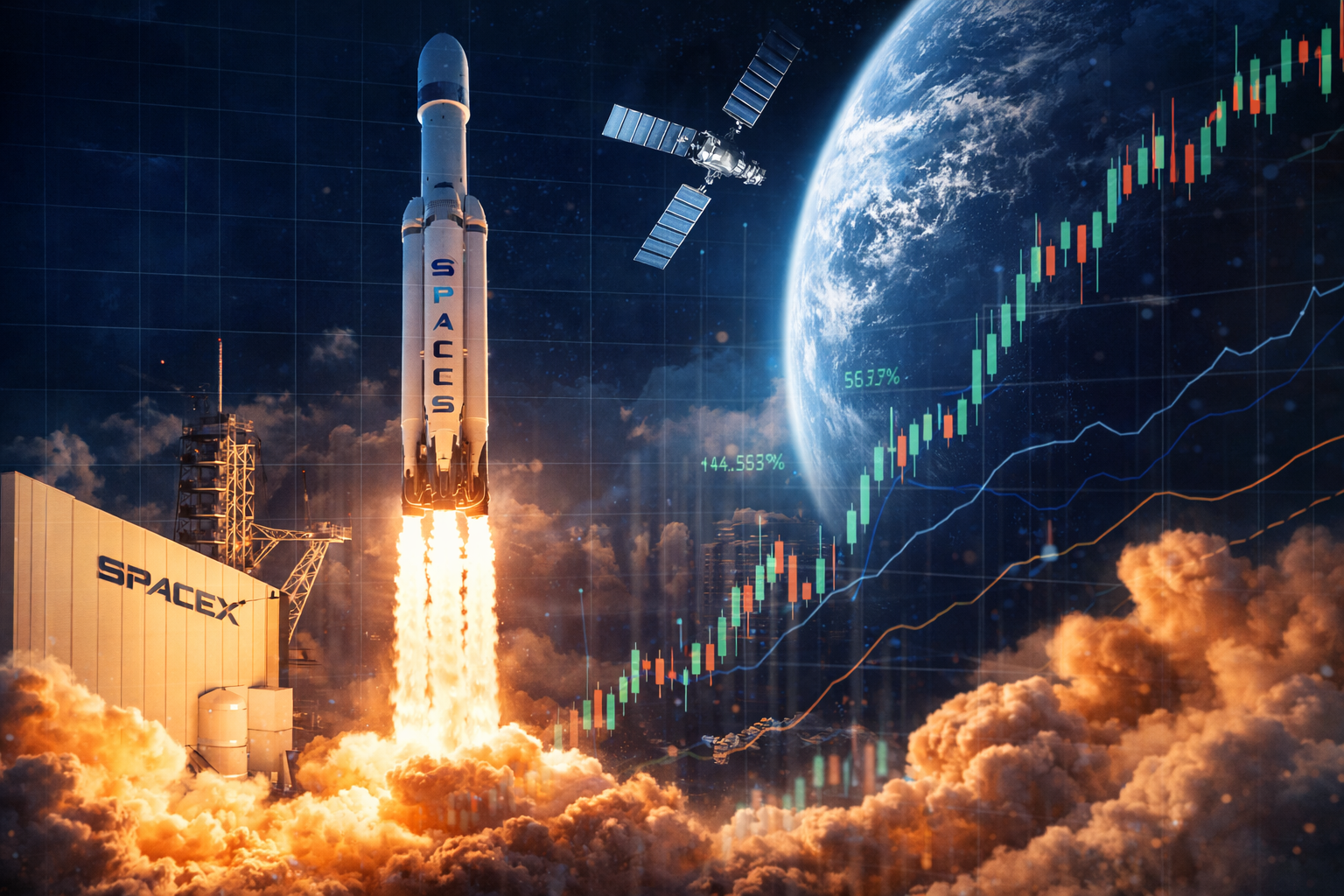 Photorealistic image of a rocket launch beside Earth and a satellite, with subtle market-style visuals suggesting rising investor momentum around a major space company.