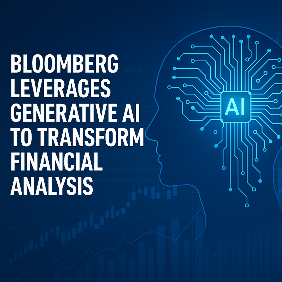 Digital illustration of AI-integrated human head with financial charts and headline text