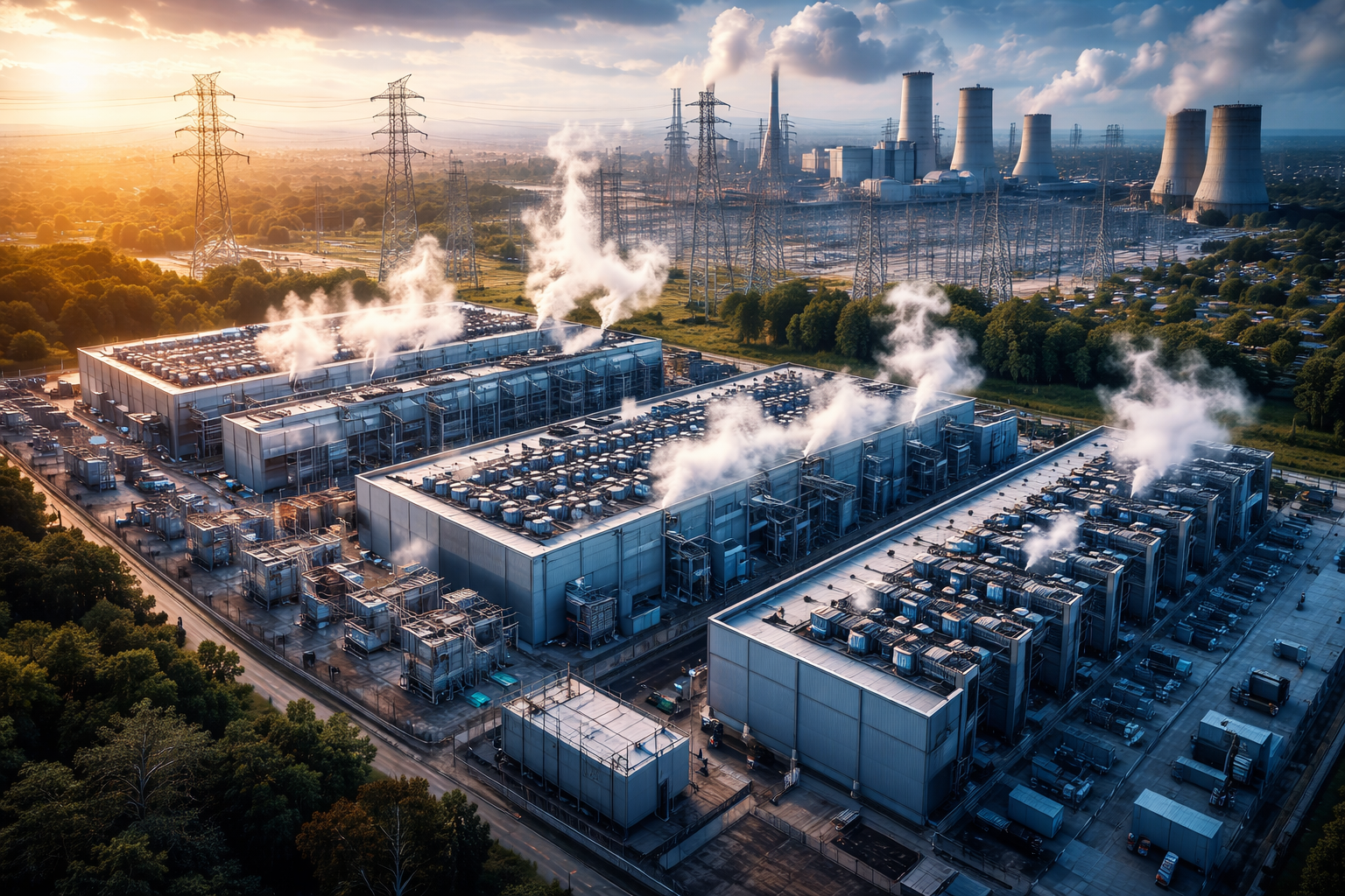 A photorealistic aerial view of large data center buildings with rooftop cooling systems beside major power infrastructure and transmission lines.