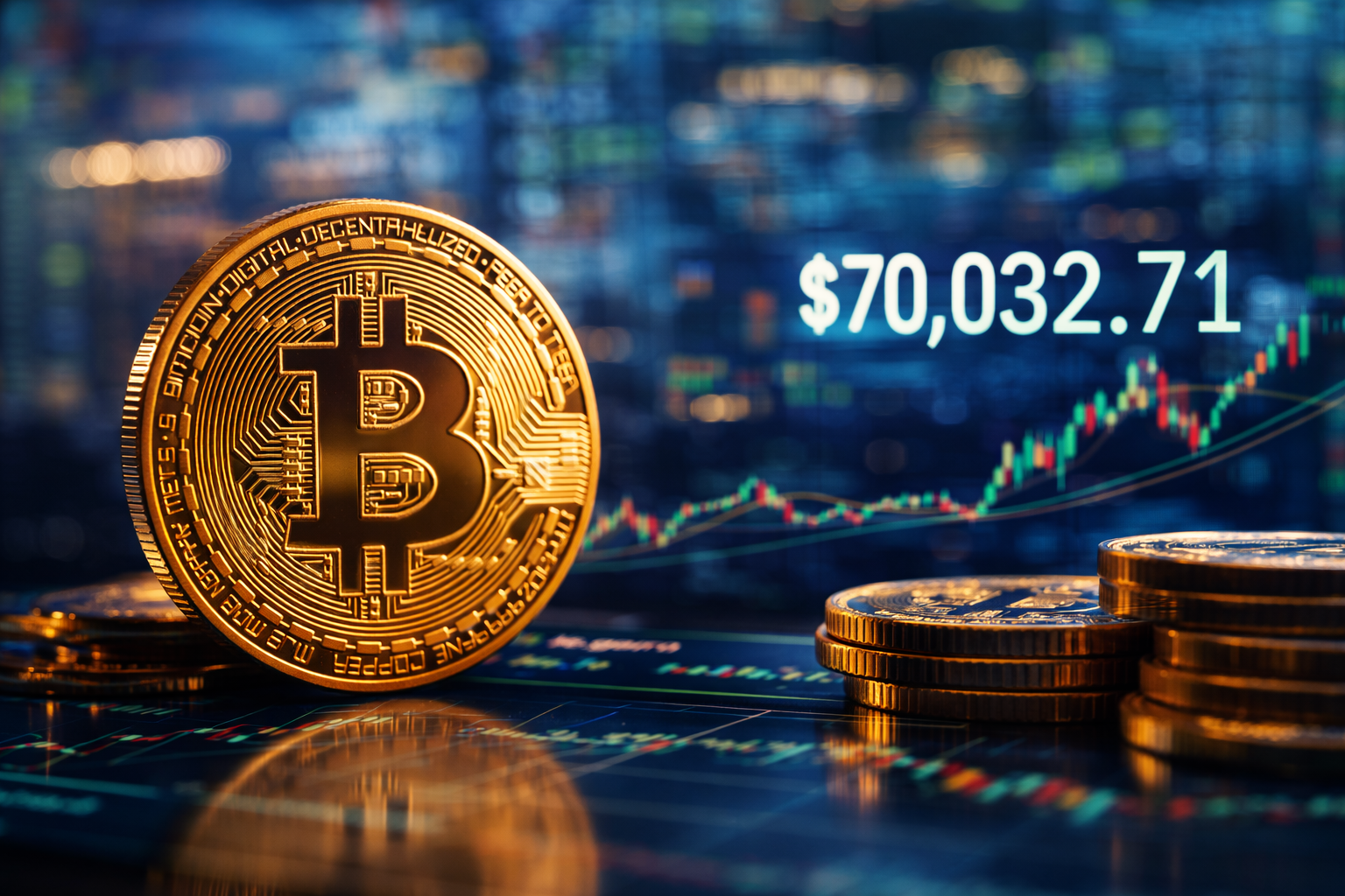 A photorealistic close-up of a Bitcoin token in front of glowing market screens and an upward-trending trading chart.
