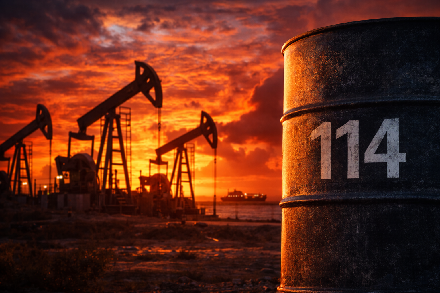 A photorealistic oil market scene with pumpjacks at sunset, a dark oil barrel in the foreground, and a tanker on the horizon.