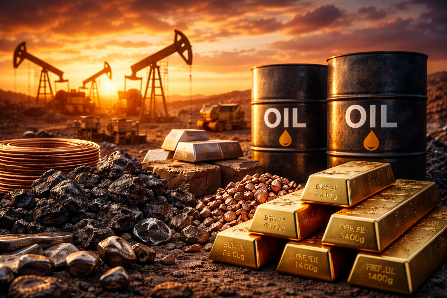 A photorealistic commodities scene with oil pumpjacks, metal ore, copper coils, and gold bars under a dramatic sunset sky.