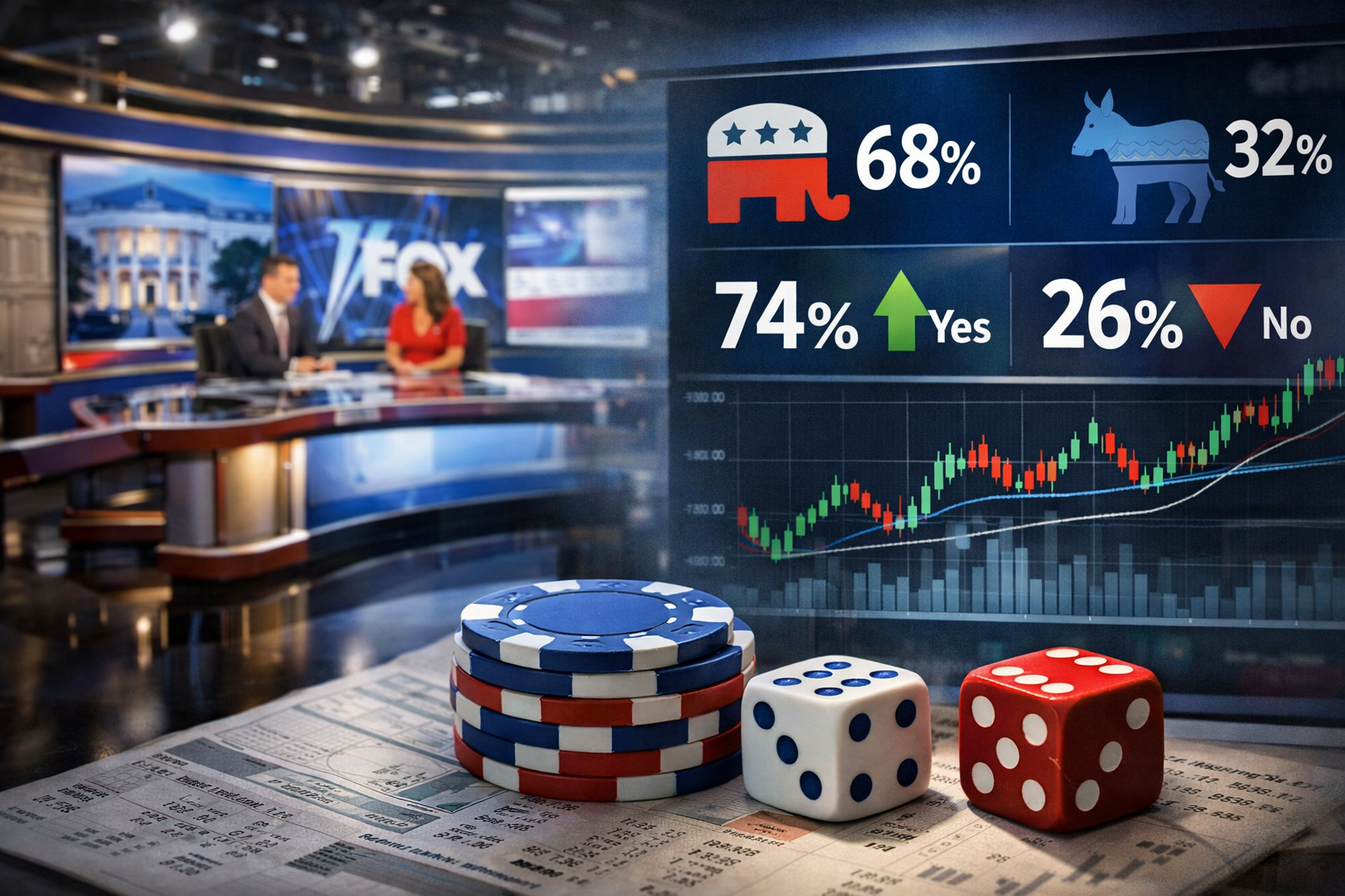 A modern television newsroom beside a large digital market-probability display with charts and election-style odds, symbolizing the integration of prediction markets into mainstream news coverage.
