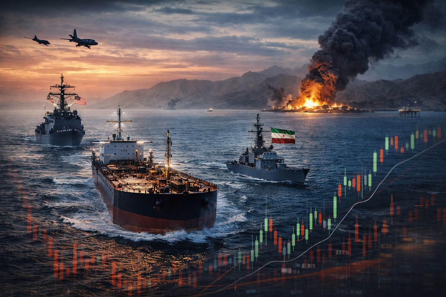 A large oil tanker moves through a narrow sea channel at dusk alongside military vessels, while smoke rises from the distant shoreline, symbolizing escalating tensions and risks to global oil supply.