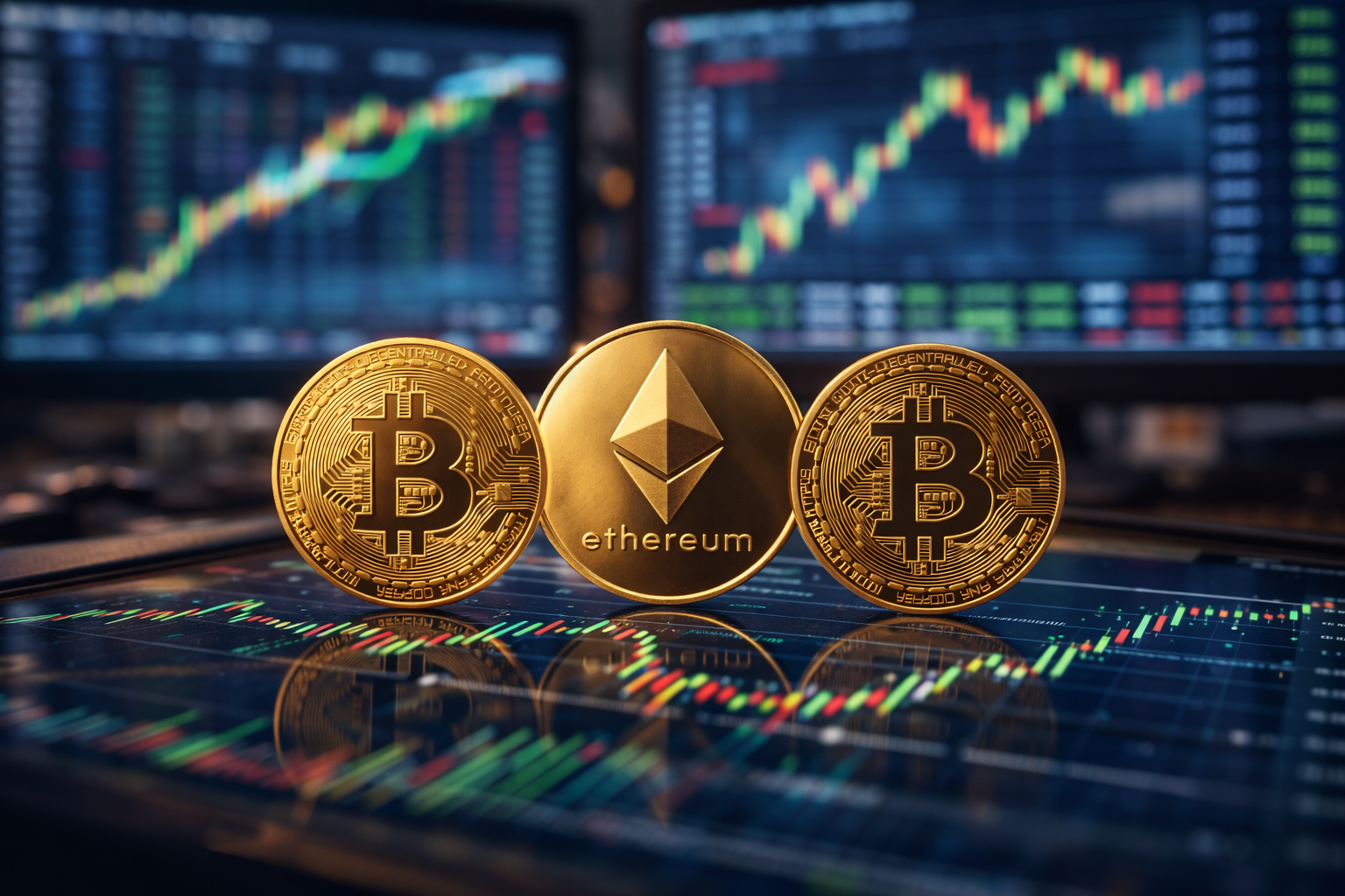 Gold Bitcoin and Ethereum coins displayed on a trading desk in front of blurred market charts, symbolizing crypto stability as investor risk sentiment improves.