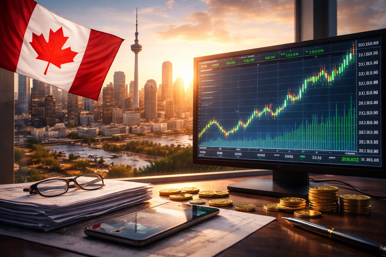 A Canadian flag and rising market chart appear beside a trading desk overlooking Toronto’s skyline, symbolizing a sharp rebound in TSX futures after easing geopolitical tensions.