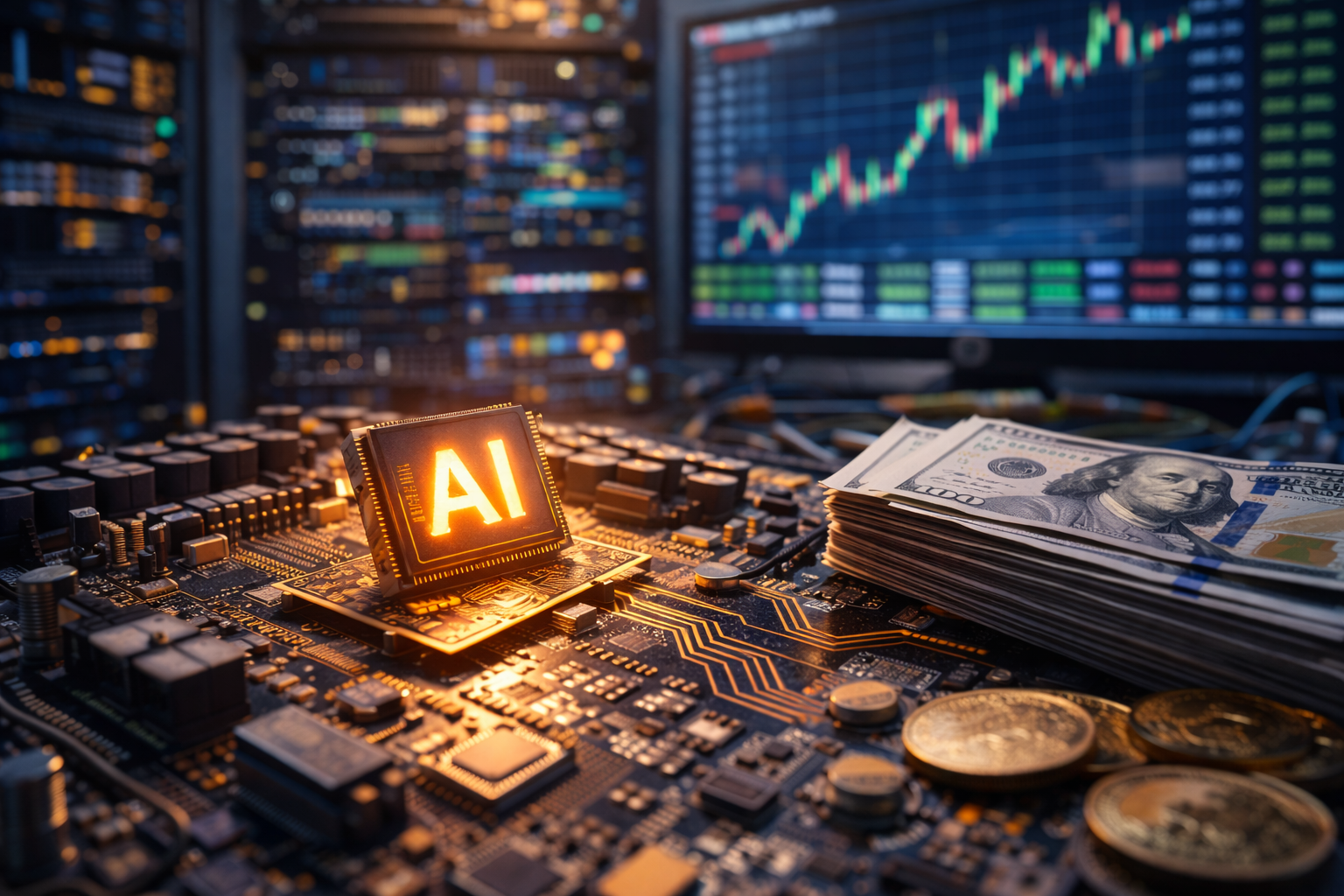 A glowing AI processor sits on a circuit board beside cash and market screens, symbolizing the rising costs and competitive pressure facing technology companies.