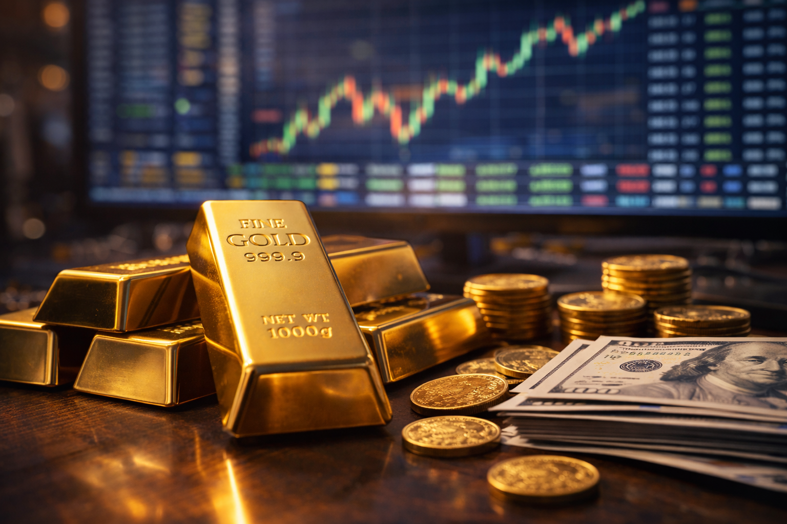 Stacked gold bars and coins rest on a trading desk in front of a blurred market screen, symbolizing persistent safe-haven demand amid mixed global signals.